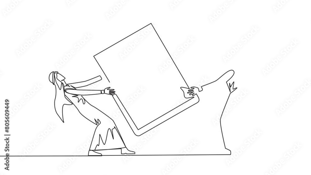 Poster animated self drawing of single line drawing two angry arabian businessman fighting over clipboard. 