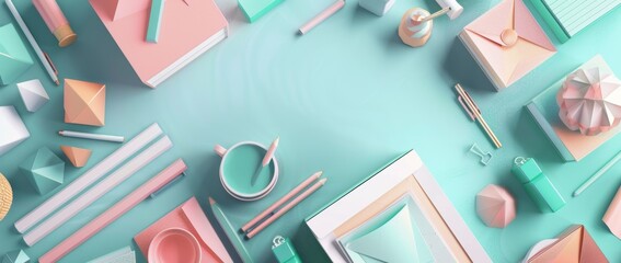 Abstract composition of stationery and packaging, featuring a pastel color scheme with a teal blue gray background.