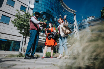 Three business entrepreneurs meet outside modern office buildings to discuss marketing strategies for profit and revenue growth.