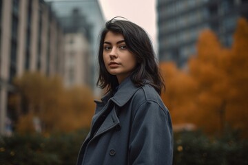 Fototapeta premium A woman in a blue coat stands in front of a building