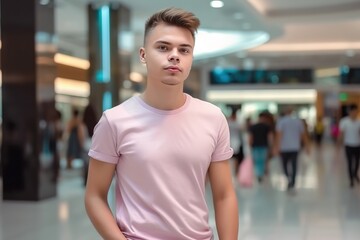 Fototapeta premium A young man in a pink shirt stands in a mall