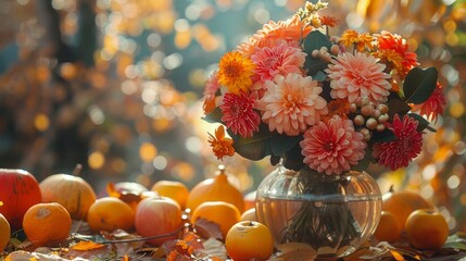 Abundant Flowers in Vase With Oranges