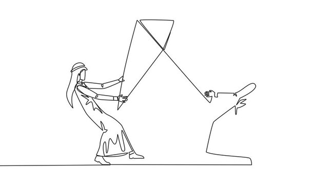 Self drawing animation of single line drawing two selfish Arabian businessman fighting over diamond. Fight over diamond mines that make profit boost for entrepreneur. Conflict. Full length animated