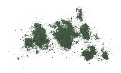 Organic spirulina powder, raw isolated on white, top view	