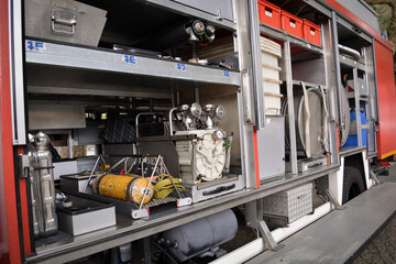 Rescuer's equipment and firefighter's control levers on a vehicle to save lives