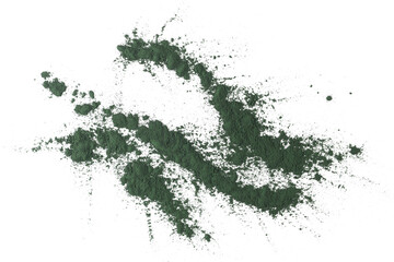 Organic spirulina powder, raw isolated on white, top view	