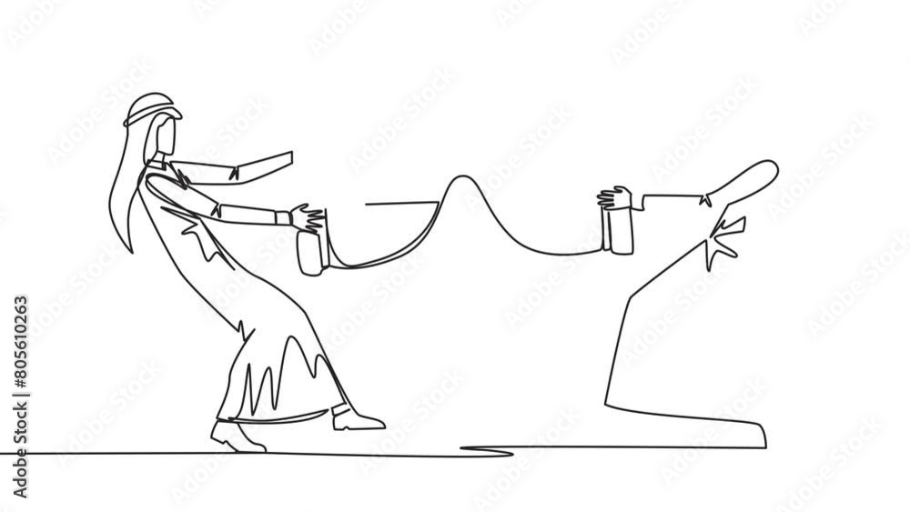 Poster animated self drawing of continuous line drawing two angry arabian businessman fighting over hourgla