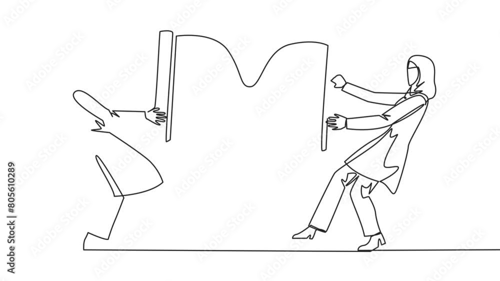 Poster animated self drawing of one line drawing two angry arabian businesswoman fighting over hourglass. a