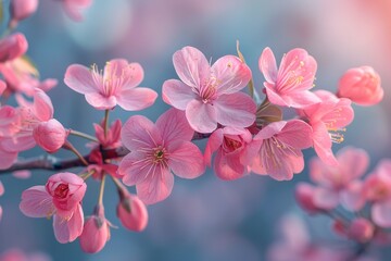 Obraz premium Soft pink cherry blossoms bloom gracefully against a serene blue background, evoking the feeling of spring and renewal