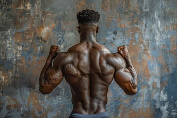 A strong bodybuilder with rippling back muscles and well-defined physique stands proudly in a gym environment