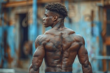 An athletic bodybuilder's muscular back while working out in an outdoor gym setting, showcasing strength