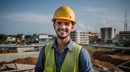 Portrait confident oung man wearing safety helmet and reflective vest, Young and confident engineer wearing hard hat, worker safety concept