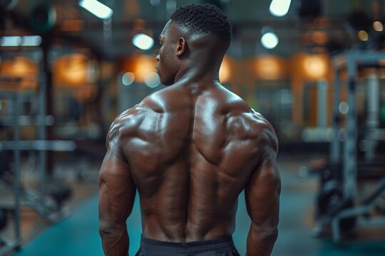 Muscular man showing defined back muscles and a strong physique against a background of gym equipment