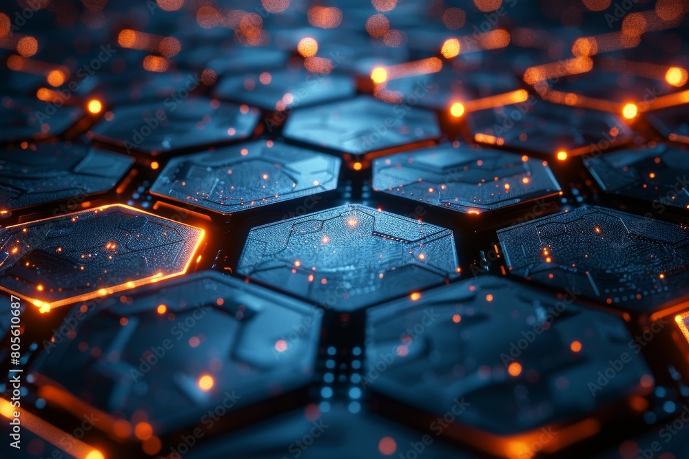 Poster close-up of blue illuminated hexagonal geometric shapes suggesting advanced technology and futuristi