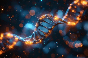 A striking digital representation of a DNA helix sparkling in blue and orange hues, symbolizing concepts of biotechnology and life