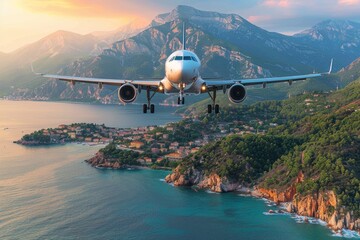 The bright fuselage of a commercial jet gleams in the sunlight as it makes its final approach, set against the backdrop of a serene coastal village and rugged cliffs