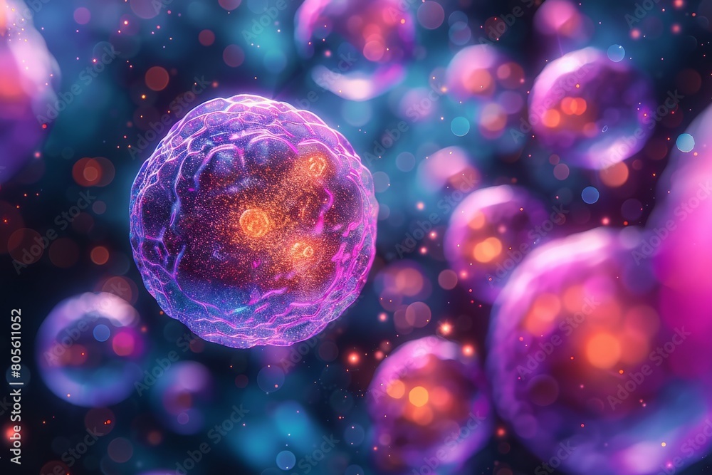 Poster this image encapsulates a surreal representation of cells glowing in various hues, invoking a sense 
