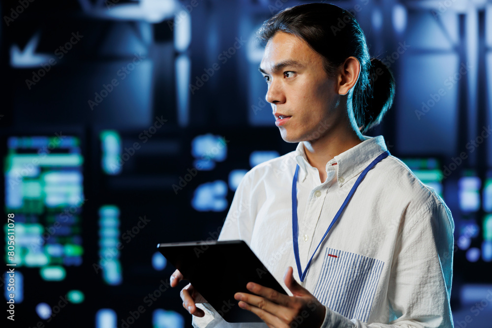 Poster it consultant with tablet between server hub clusters providing processing resources for businesses 