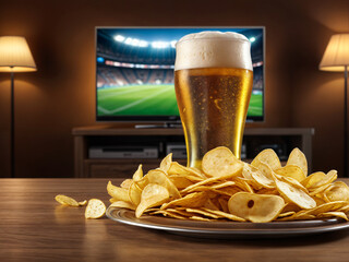 couch table with potato chips and beer, soccer on tv, Generative Ai