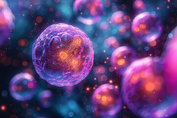 This image encapsulates a surreal representation of cells glowing in various hues, invoking a sense of wonder about microscopic worlds