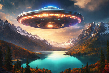 Alien flying saucer over highlands lake. UFO concept. Painted picture. - 805611089