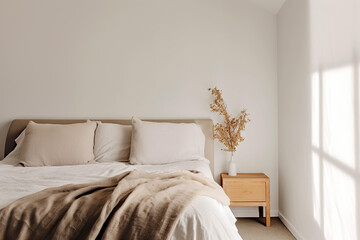 Bedroom interior. White room with natural wooden simplistic earth tones design. scandinavia Boho style with light from the window