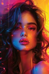 portrait lighting, a womans face is illuminated by colorful lights, capturing her features in vibrant hues against a purple backdrop in close-up photography