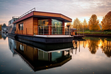 Modern houseboat with reflection in water