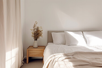 Bedroom interior. White room with natural wooden simplistic earth tones design. scandinavia Boho style with light from the window