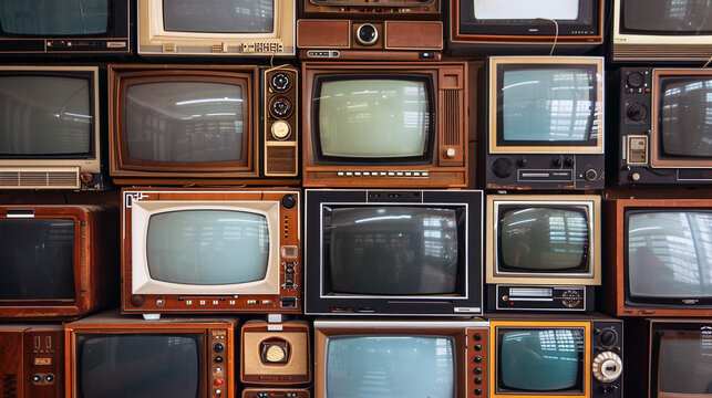 Lots of old retro tv screen sets stack	
