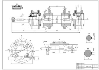 Assembly drawing of drive shaft with coupling. 
Vector cad scheme of steel mechanical device with shaft, gear, 
electric engine, bearing, bolted connection and dimension lines.
Engineering background.