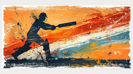 A cricket player is hitting a ball with his bat. The background is a colorful abstract painting.