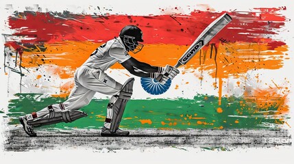 An Indian batsman in white uniform playing cricket. The background is the Indian flag with bright colors.