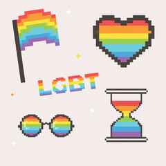 LGBT sticker pack on pink background. LGBT set. Symbol of the LGBT pride community. Rainbow elements. Rainbow heart, glasses, flag and hourglass.