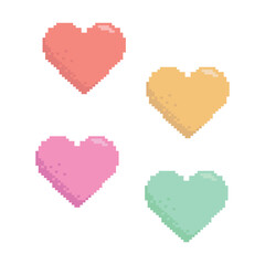 Pixel Rainbow hearts set icon in retro style. Vintage love symbol, 8 bit vector illustration for computer game. Web button on white background isolated