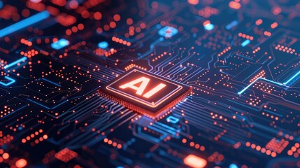 Abstract close up view of an artificial intelligence chip with glowing "AI" text on the circuit board, high tech concept.3D rendering illustration.