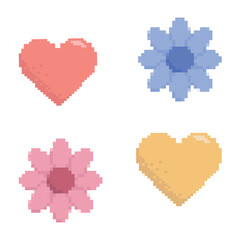 Colorful flowers and hearts pixel set. Floret collection. 8 bit. Game development, mobile app. Isolated vector illustration.