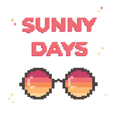 Pixel sunglasses with sunset reflection.  Place for text - sunny days. Vector illustration on white background isolated.