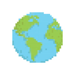 Obraz premium Pixel earth planet, terrestrial globe vector icon for 8 bit game. Illustration on white background