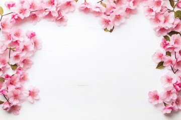 Heart-shaped pink cherry blossoms arranged on white wooden background, perfect for springtime designs.
