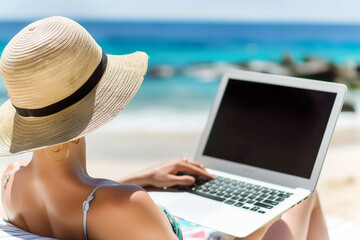 Fototapeta premium Young woman in hat and bikini using laptop on the beach, online business