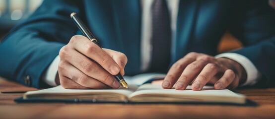 Close up of a businessman writing in a notebook with a pen at a wooden table in an office, copy space for text stock photo contest winner in the style of style. - Powered by Adobe