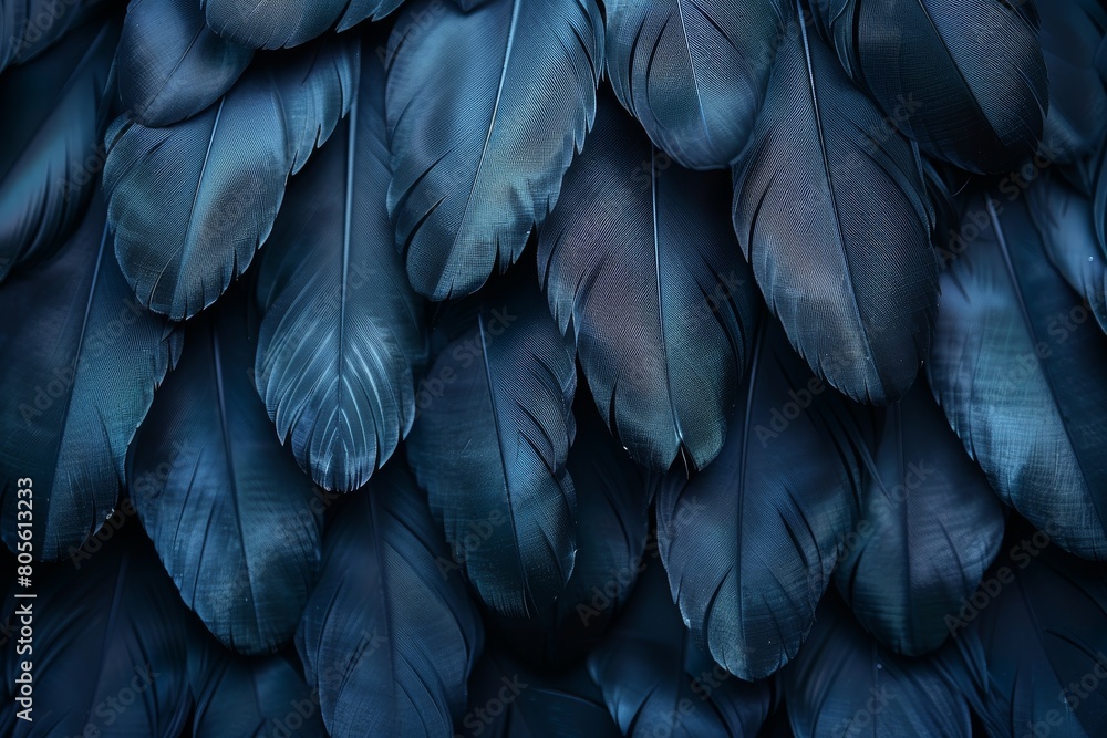Poster an intricate close-up of a dense layer of blue bird feathers, offering a natural pattern and texture