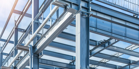 Close-up steel bridge structure, slatted metal structure, urban bridge supports, architecture, copy space.