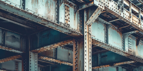 Obraz premium Close-up steel bridge structure, slatted metal structure, urban bridge supports, architecture, copy space.