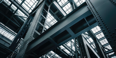 Obraz premium Close-up steel bridge structure, slatted metal structure, urban bridge supports, architecture, copy space.