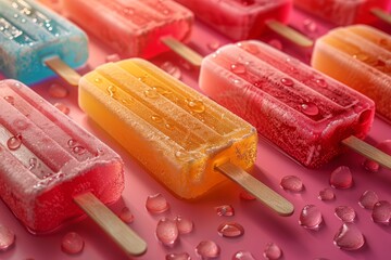 Assorted fruit popsicles with condensation and scattered water droplets on a pink background