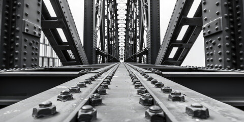 Close-up steel bridge structure, slatted metal structure, urban bridge supports, architecture, copy space.