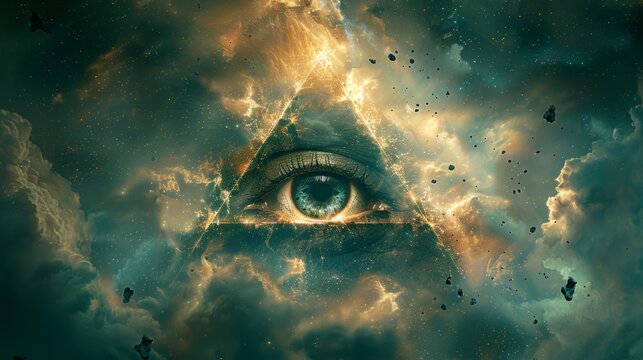 cosmic surveillance, a large omniscient eye in a dark void