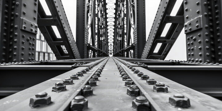 Close-up steel bridge structure, slatted metal structure, urban bridge supports, architecture, copy space.